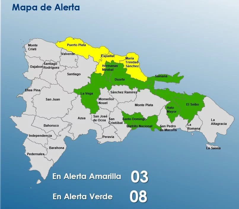 COE mantiene 3 provincias en alerta amarilla y 8 en verde por sistema frontal